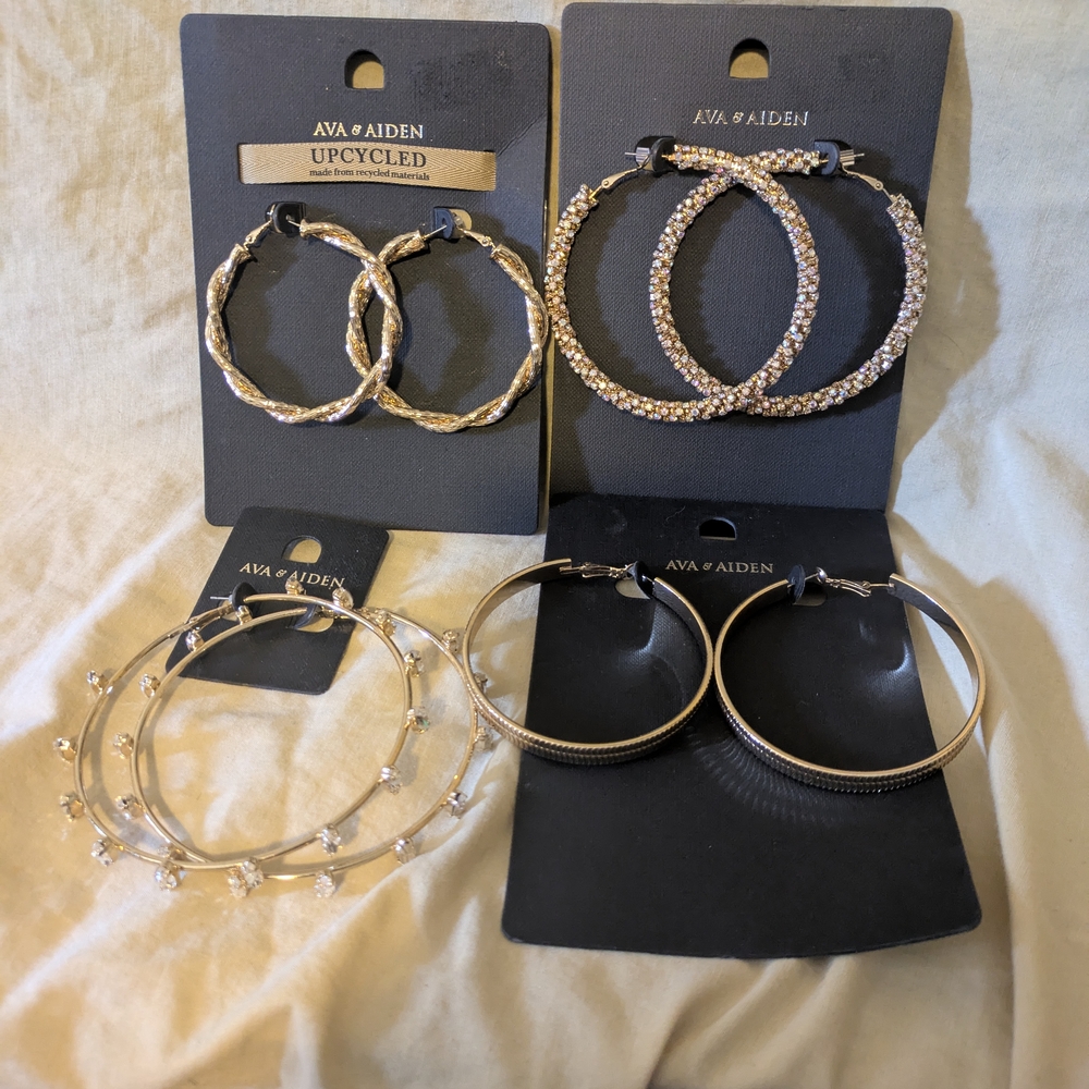 4 set Ava & Aiden Gold tone Hoop Earrings set large 2"-3" Diva Hoops Bling NEW